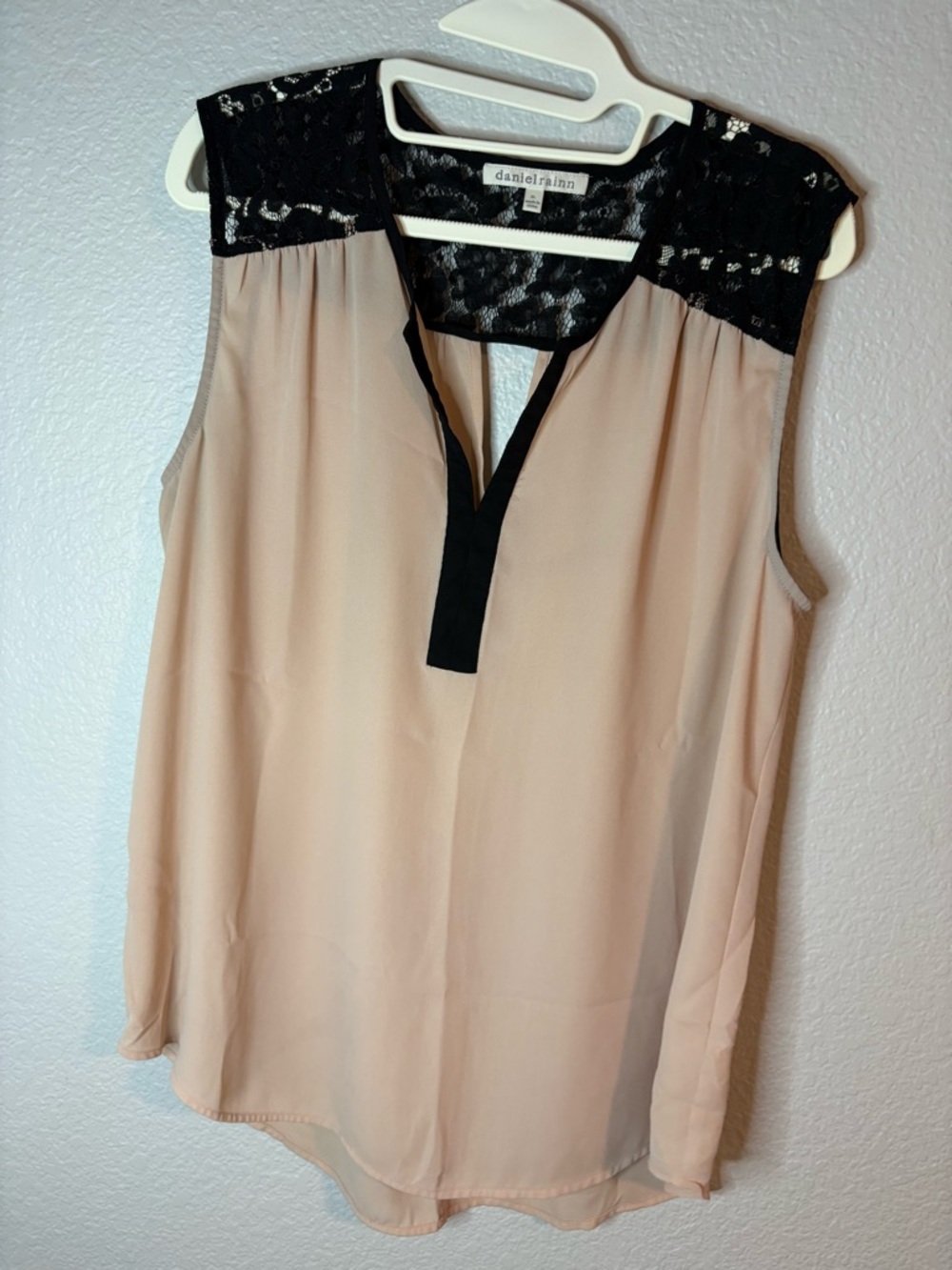 Daniel Rainn Blush Sleeveless Chiffon Top with Black Lace Yoke